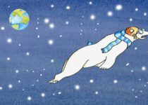 Illustration: Ein Eisbär mit Mütze und Schal schwebt durch den Weltraum, vorbei an Sternen und der Erde.